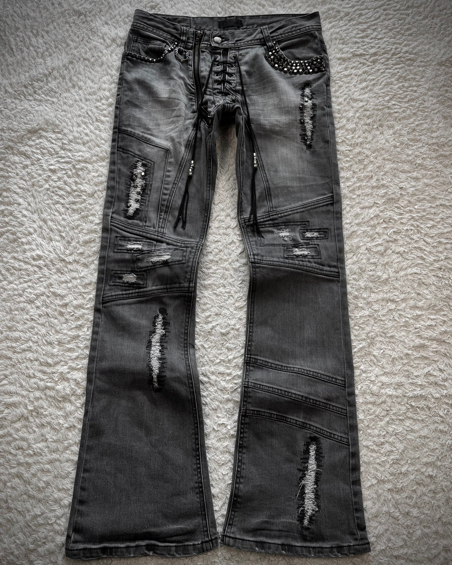 Midas Lace Up Studded Distressing Flared Jeans
