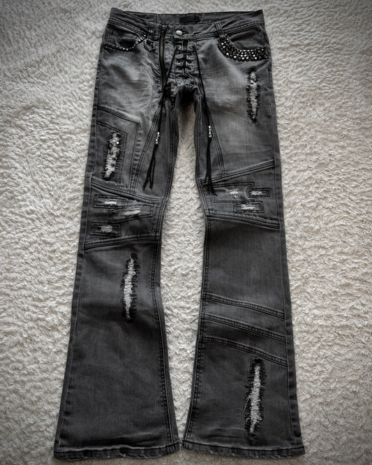 Midas Lace Up Studded Distressing Flared Jeans