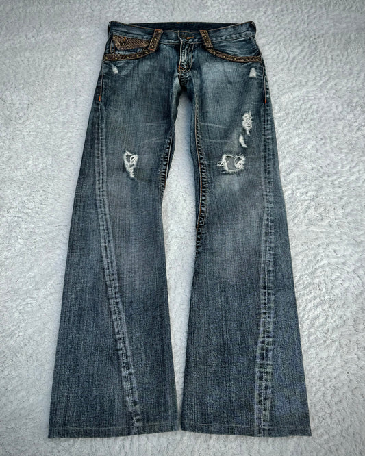 Semantic Design Studded Python Lace Up Flared Jeans