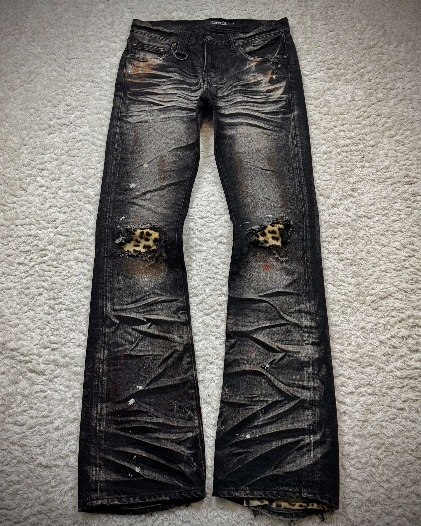 CavariA Leopard Repaired Clawmarks Washed Bootcut Jeans