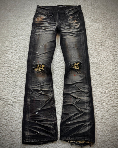 CavariA Leopard Repaired Clawmarks Washed Bootcut Jeans