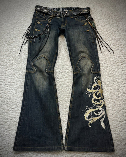 Tornado Mart Tribal Tattoo Embroidery Flared Jeans
