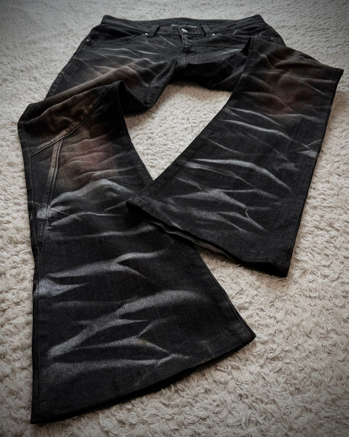 Tornado Mart Bordeaux Clawmarks Coated Flared Jeans