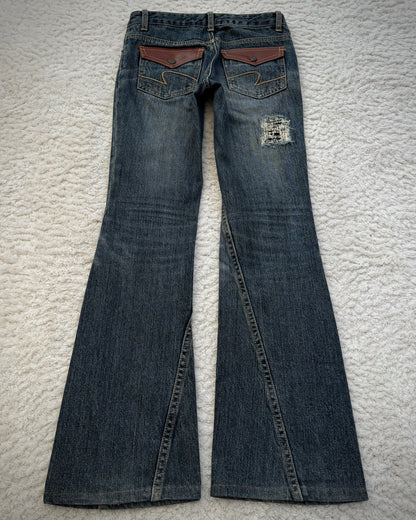 Elvence Repaired Western Spiral Flared Jeans