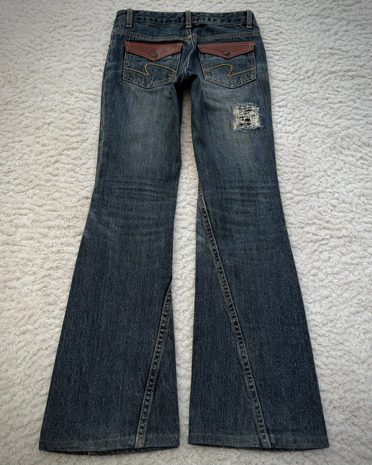 Elvence Repaired Western Spiral Flared Jeans