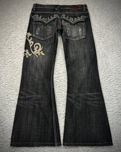 Tornado Mart Tribal Embroidery Spiral Flared Jeans