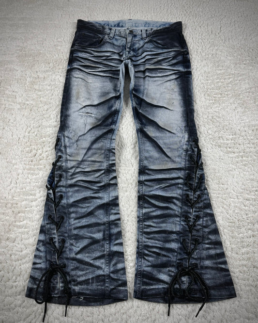 Tornado Mart Clawmark Washed Spiral Lace Up Flared Jeans