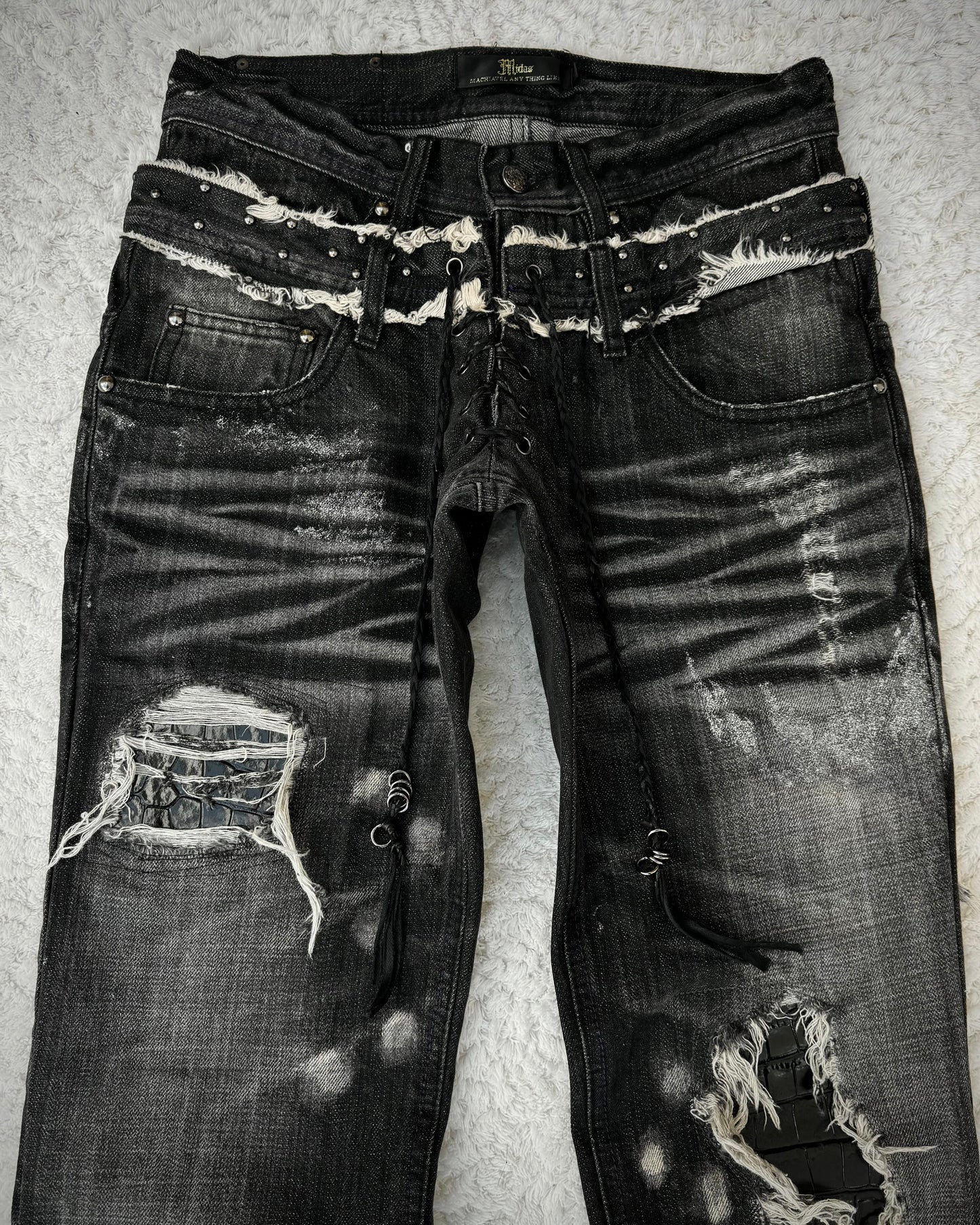 Midas Croc Repaired Silver Waxed Lace Up Bootcut Jeans