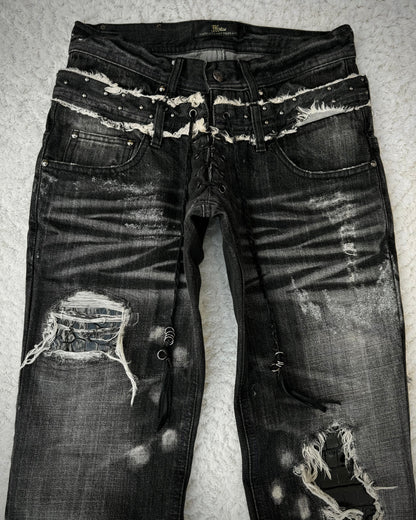 Midas Croc Repaired Silver Waxed Lace Up Bootcut Jeans