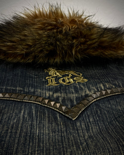 Lagust Studded Fur Collar Denim Jacket