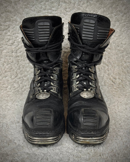 New Rock Metallic Ridged Armor High Top Leather Boots