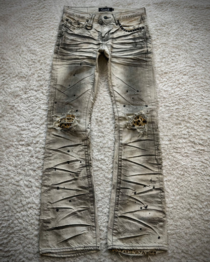 CavariA Leopard Repaired Clawmarks Washed Bootcut Jeans