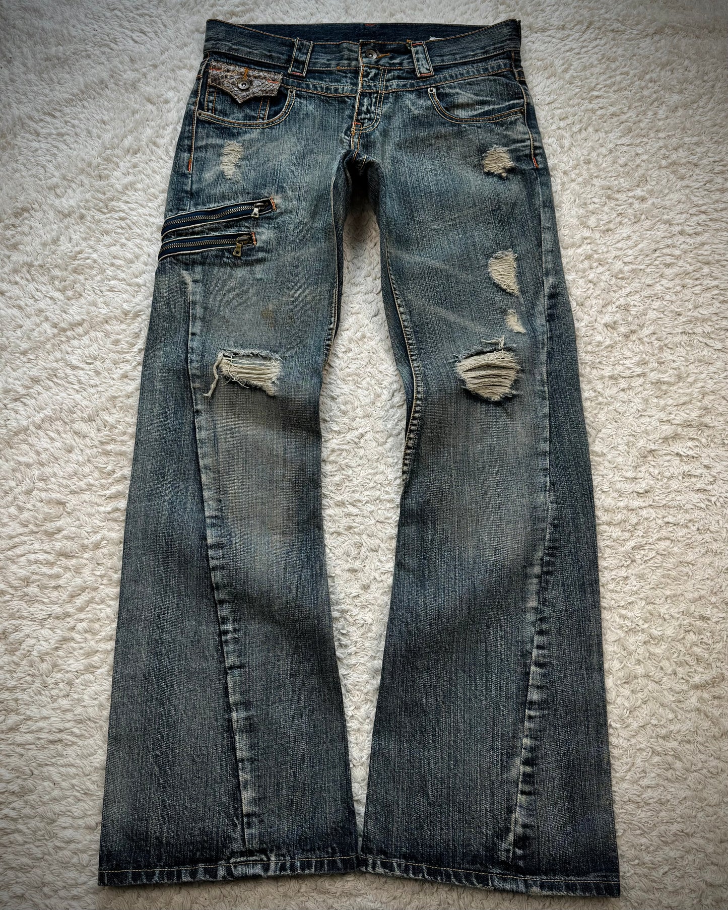 Semantic Design Python Pocket Detailed Spiral Flared Jeans