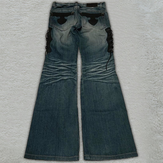 Tornado Mart Leather Tassel Lace-Up Flared Jeans