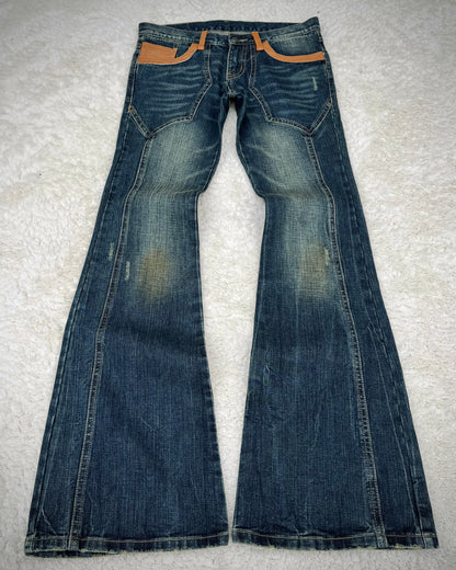 Tornado Mart Leather Tribal Mud Washed Flared Jeans