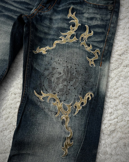 Tornado Mart Tribal Embroidery Spiral Flared Jeans