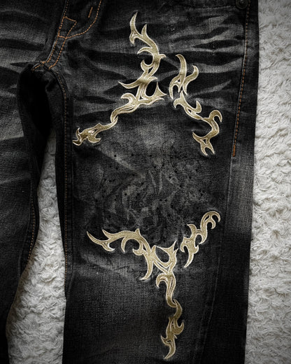 Tornado Mart Tribal Embroidery Whiskered Spiral Flared Jeans