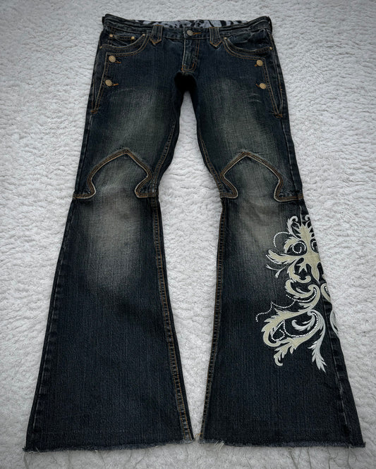 Tornado Mart Tribal Tattoo Embroidery Flared Denim
