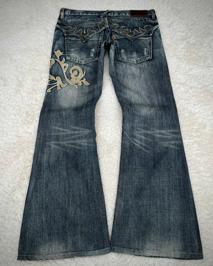 Tornado Mart Tribal Embroidery Spiral Flared Jeans