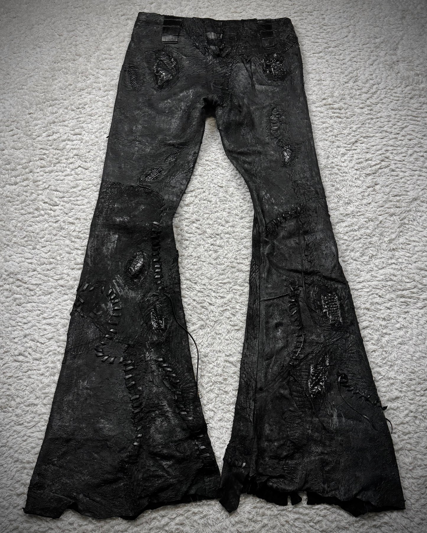 1vfudie “Noir” Scar Stitched Crocodile Leather Bell Bottom Flared Pants
