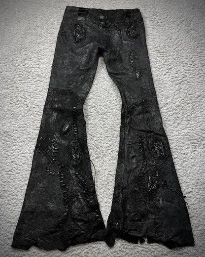 1vfudie “Noir” Scar Stitched Crocodile Leather Bell Bottom Flared Pants
