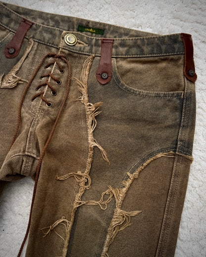 Obelisk Fringed Mud Washed Lace Up Flared Jeans