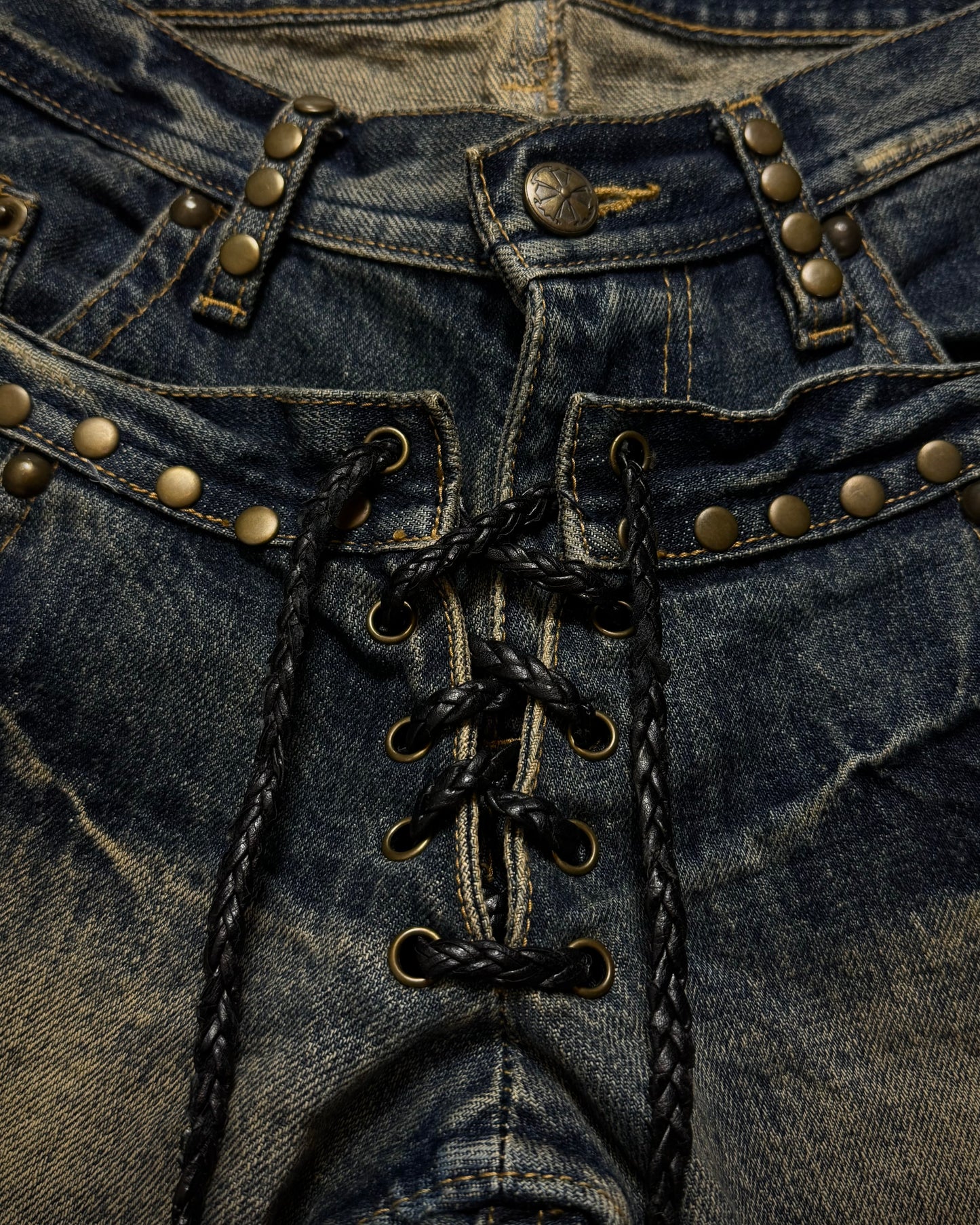 Midas Double Waisted Lace Up Mud Washed Patched Flared Jeans