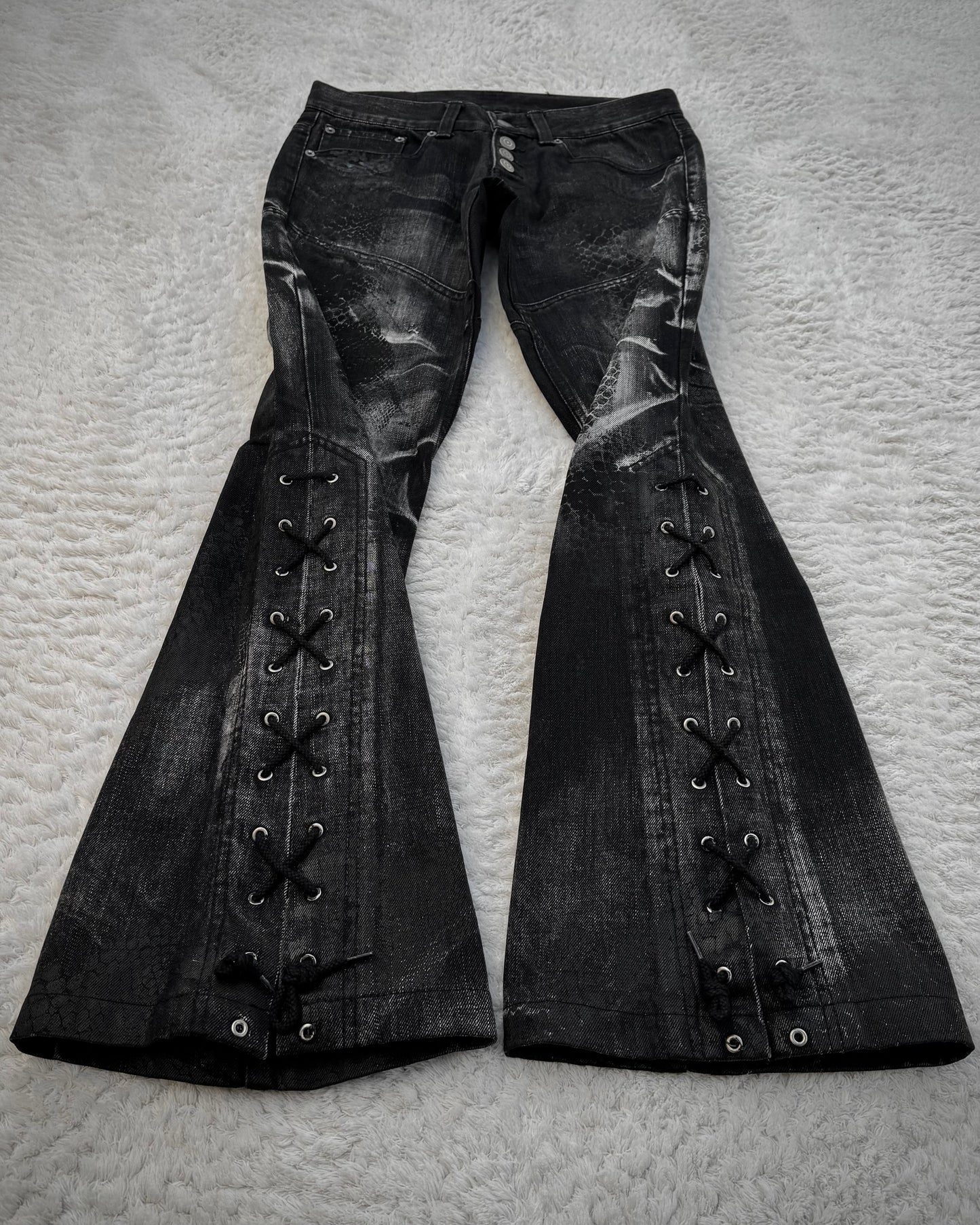 Tornado Mart Snakeskin Imprinted Lace Up Flared Jeans