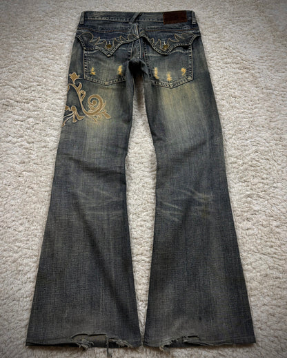 Tornado Mart Mud Washed Tribal Embroidery Flared Jeans