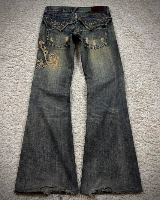 Tornado Mart Mud Washed Tribal Embroidery Flared Jeans