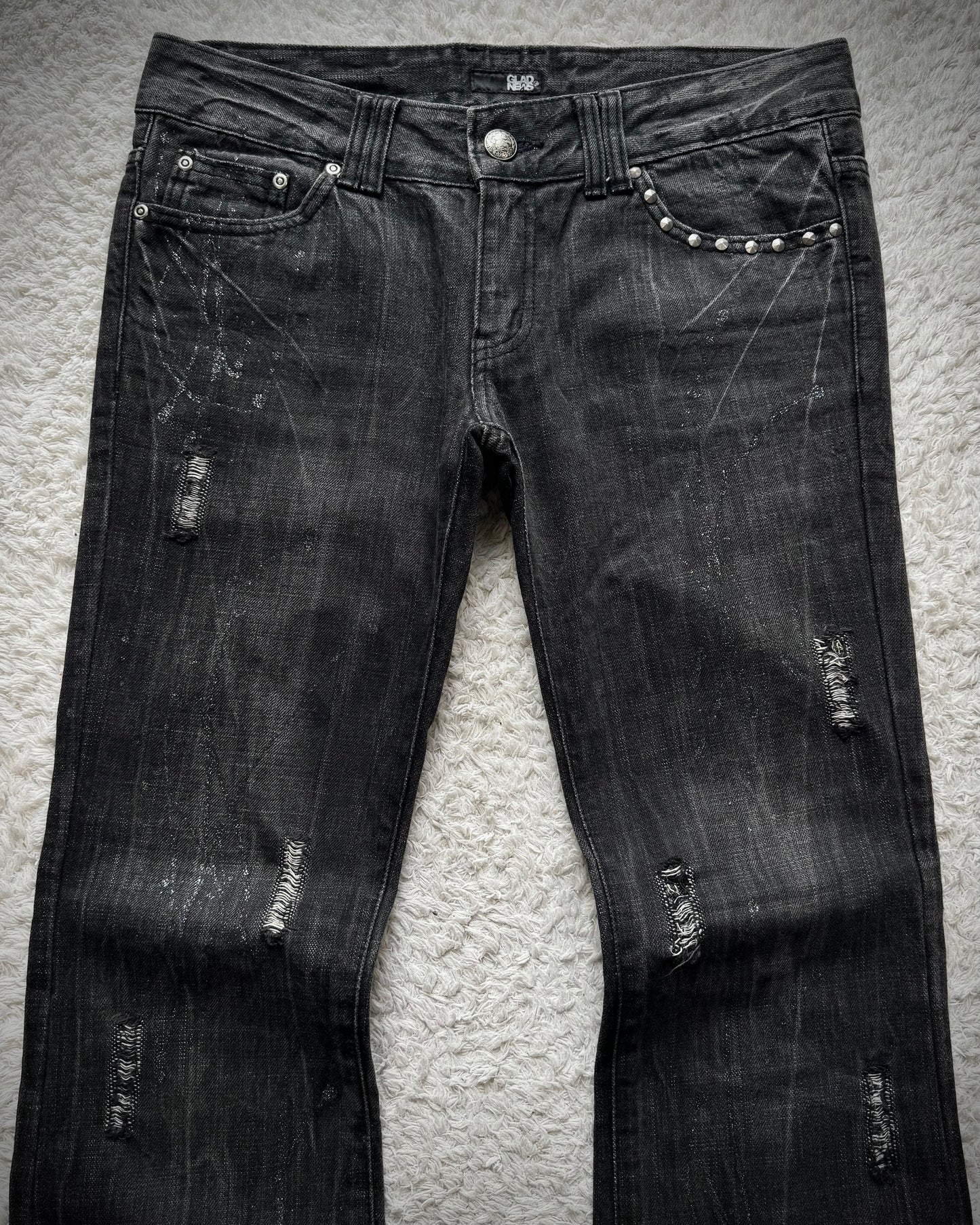 Glad News Silver Splatter Studded Skull Flared Jeans