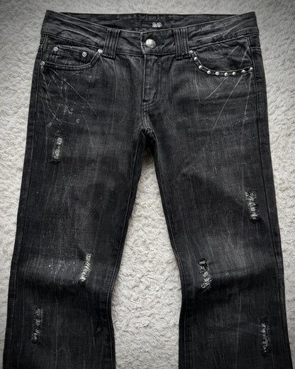 Glad News Silver Splatter Studded Skull Flared Jeans