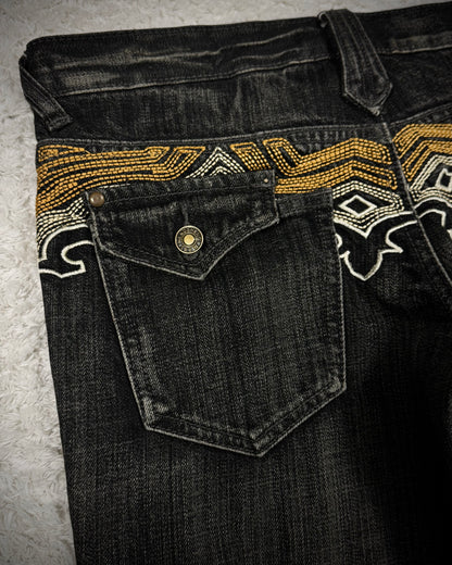 Tornado Mart Cyber Tribal Embroidery Flared Jeans
