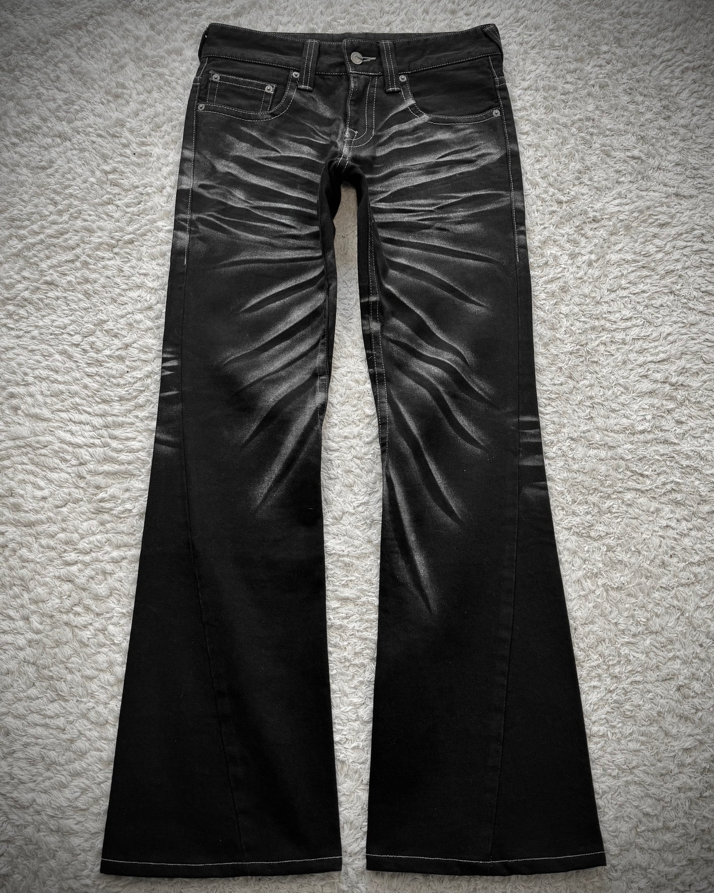 Tornado Mart Metallic Clawmarks Coated Spiral Flared Jeans