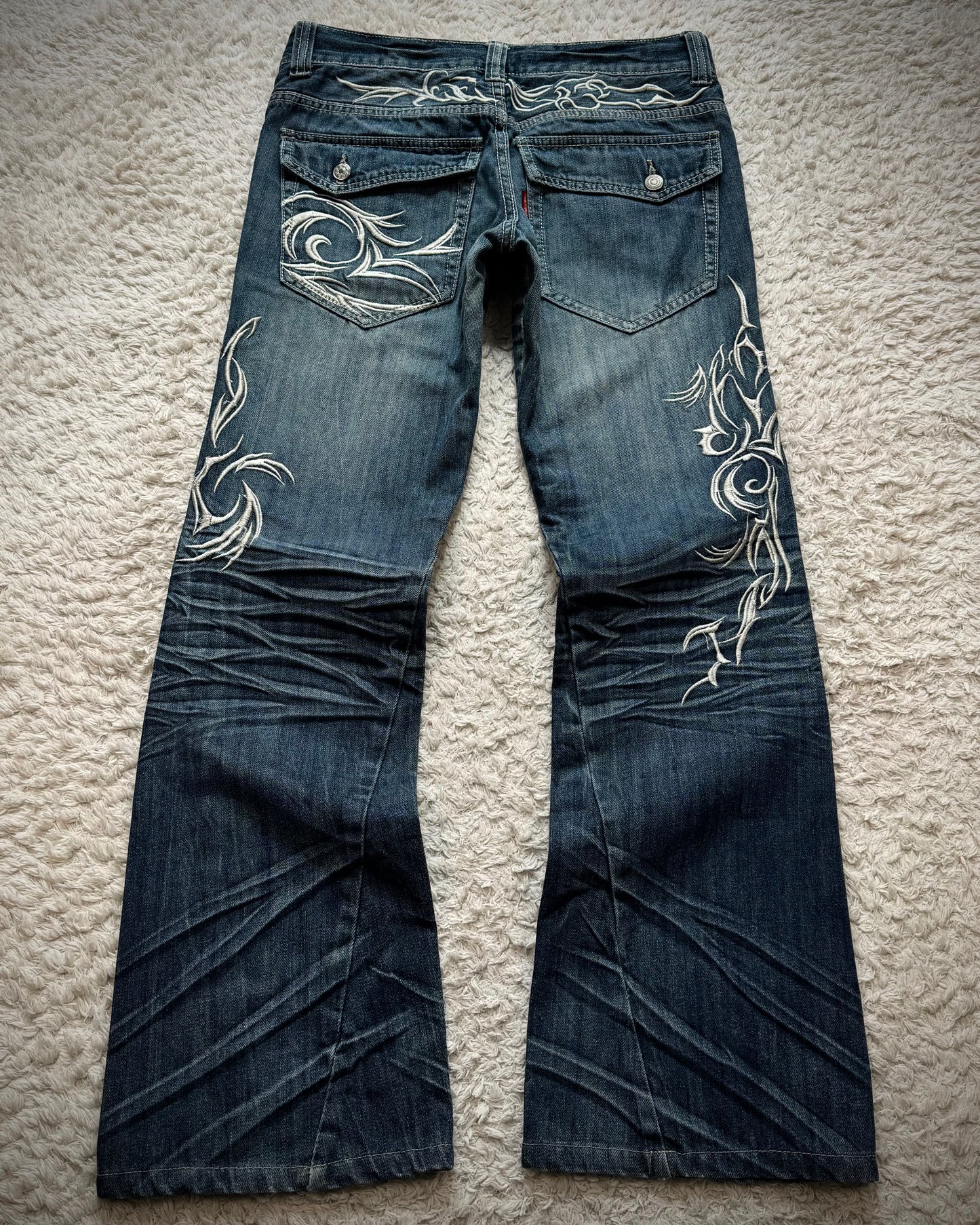 Tornado Mart Tribal Embroidery Whiskered Spiral Flared Jeans