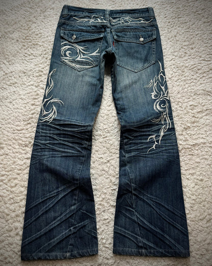 Tornado Mart Tribal Embroidery Whiskered Spiral Flared Jeans