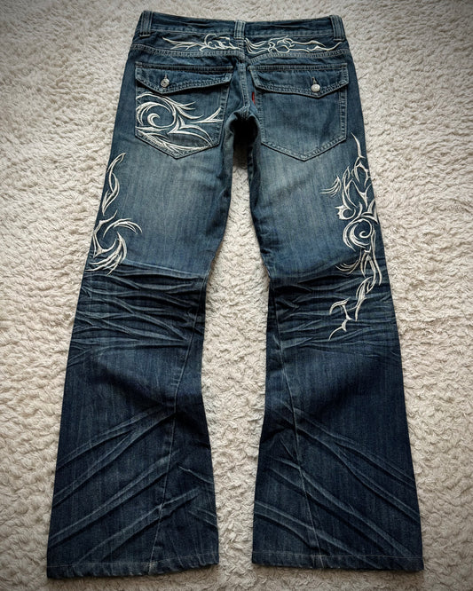 Tornado Mart Tribal Embroidery Whiskered Spiral Flared Jeans