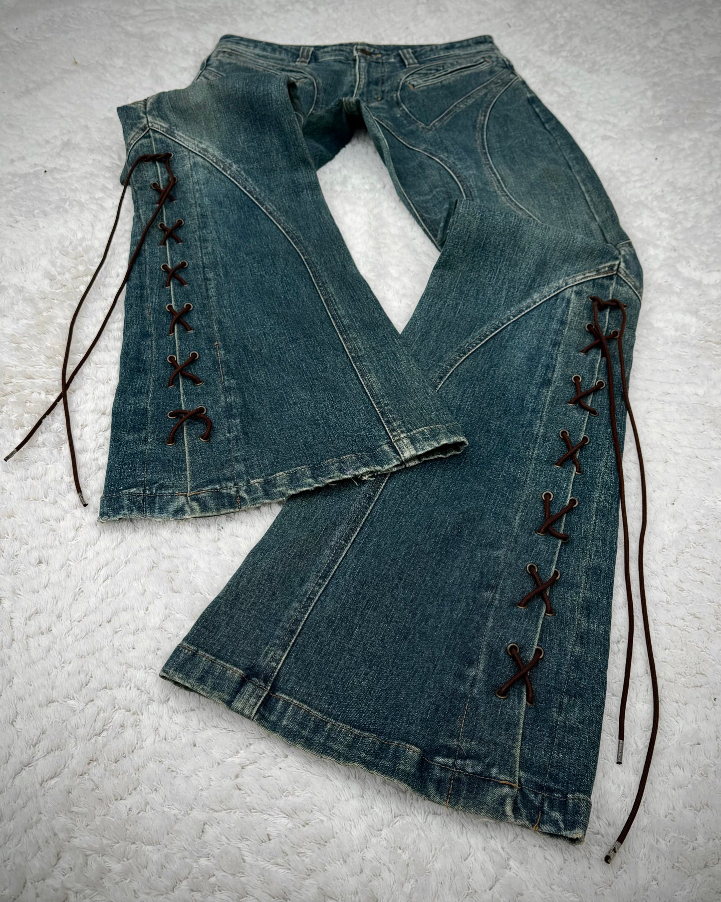 Tornado Mart Mud Washed Dynamic Cut Lace Up Flared Jeans