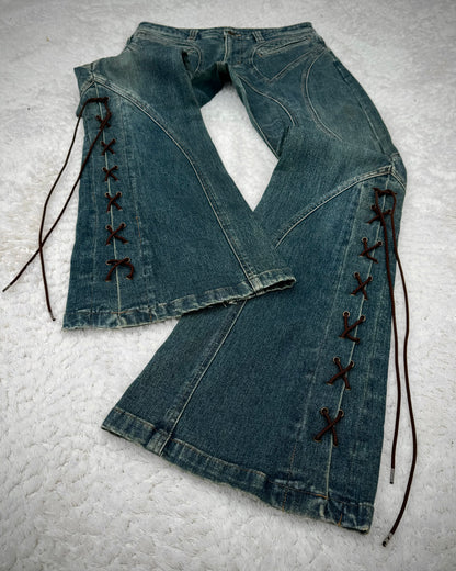 Tornado Mart Mud Washed Dynamic Cut Lace Up Flared Jeans