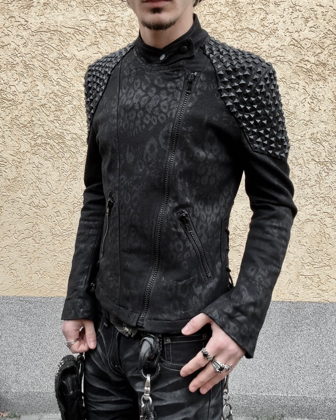 By The R Leopard Waxed Studded Lace Up Biker Jacket