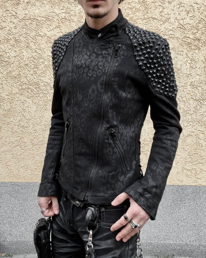 By The R Leopard Waxed Studded Lace Up Biker Jacket