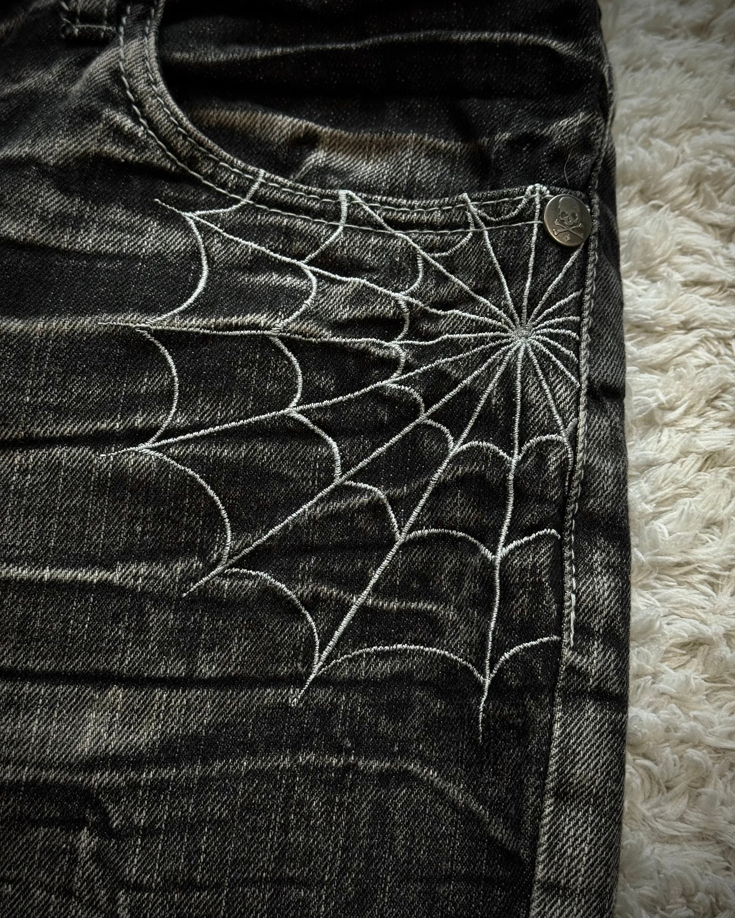 Wild Life Spider Web Leather Flap Denim Shorts