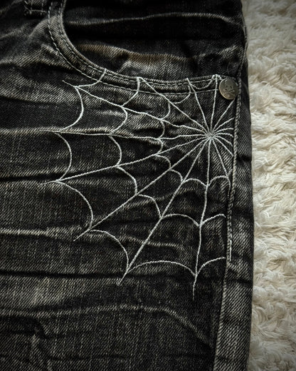 Wild Life Spider Web Leather Flap Denim Shorts