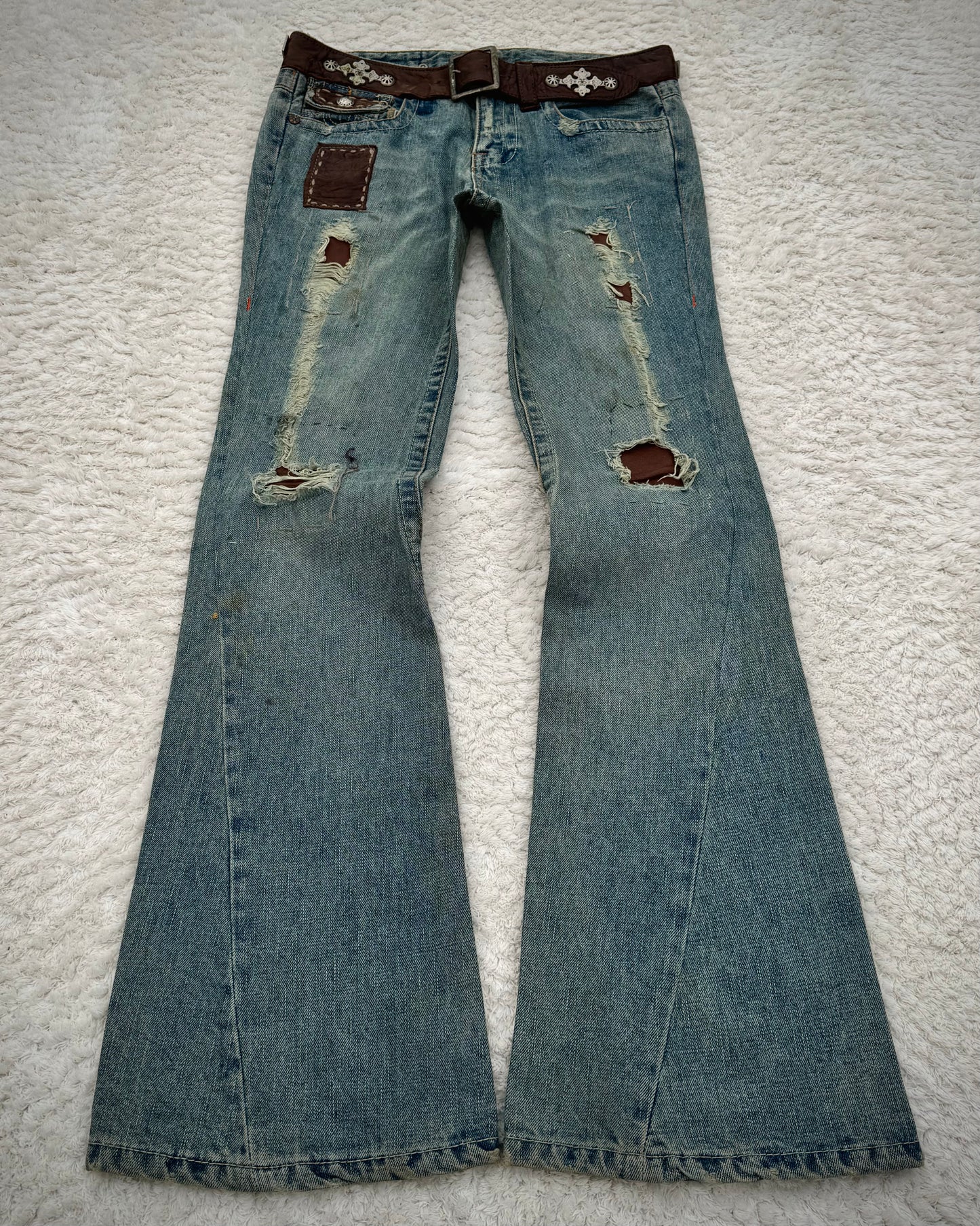 My Tribe Western Belted Steel Detailed Leather Repairs Flared Jeans