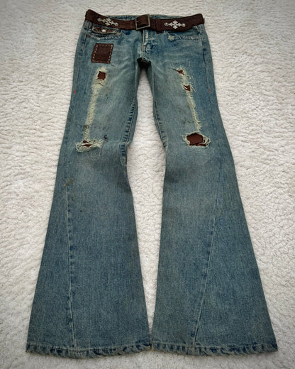 My Tribe Western Belted Steel Detailed Leather Repairs Flared Jeans