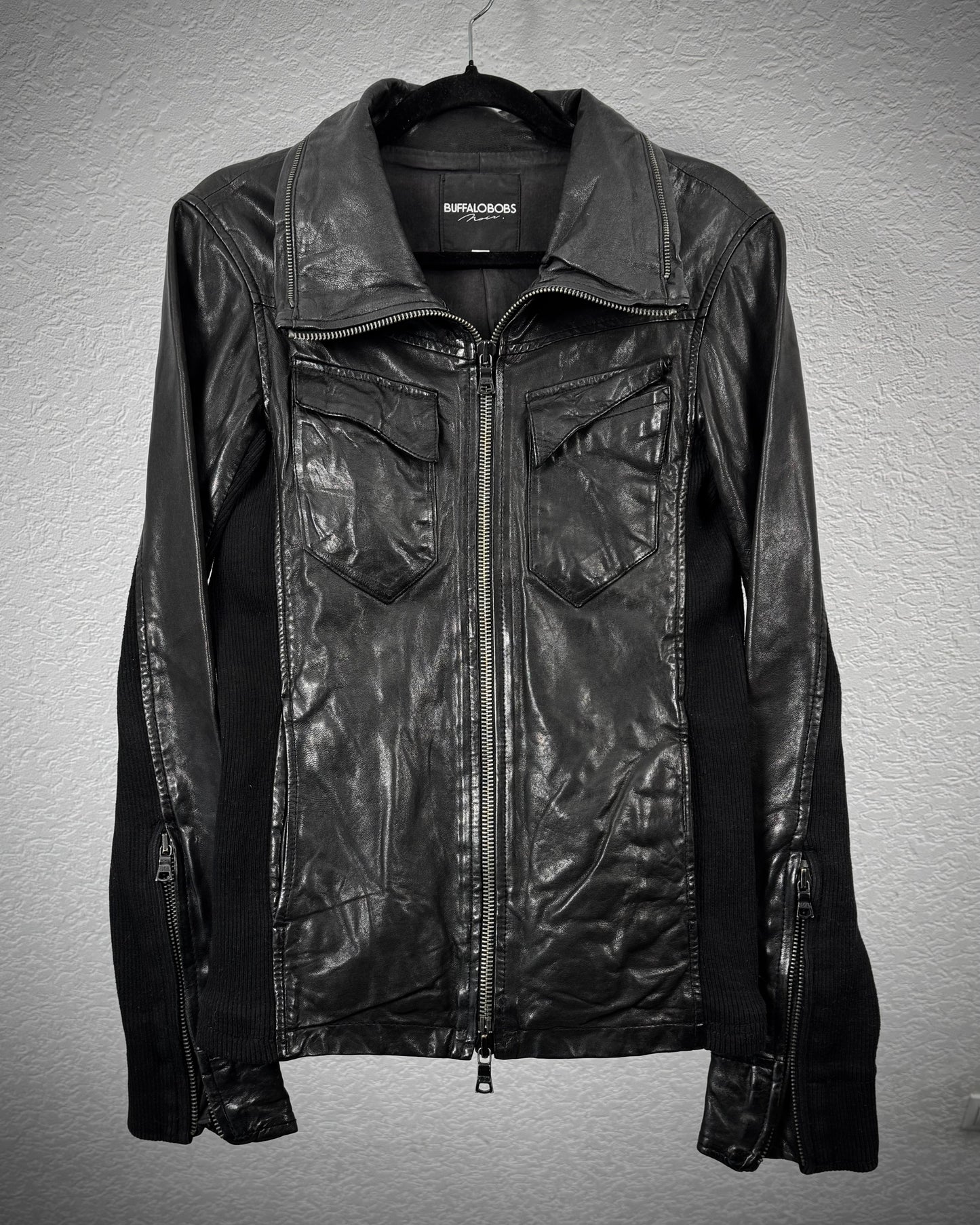 Buffalo Bobs Rib Knit High Neck Leather Jacket