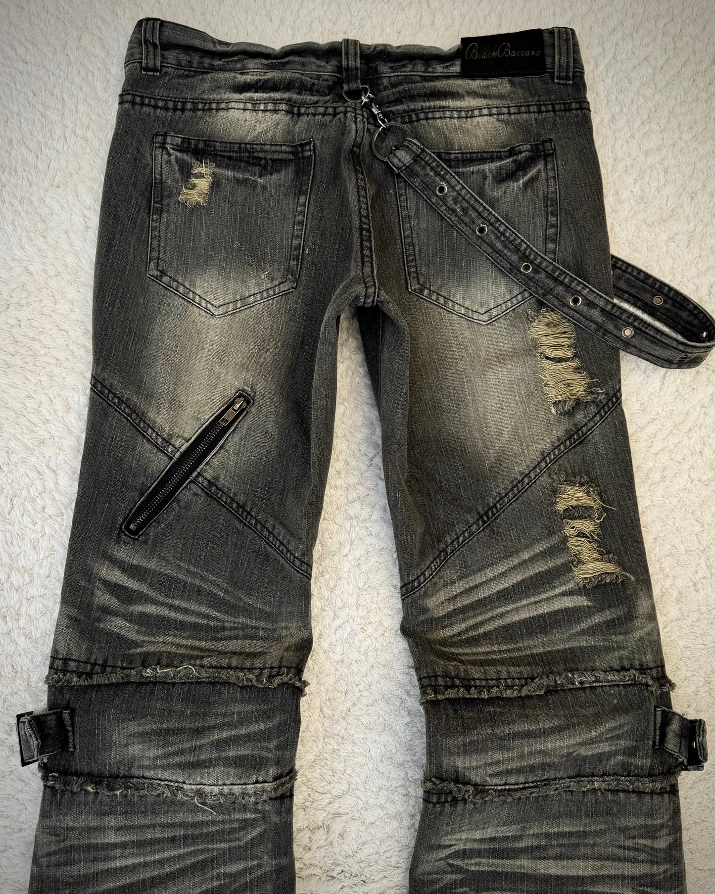 Black Baccara Belted Straps Zippered Flared Jeans