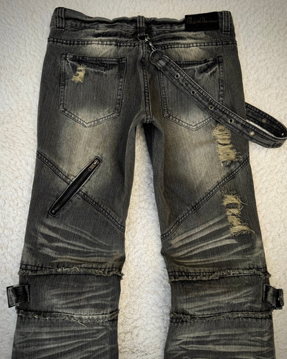 Black Baccara Belted Straps Zippered Flared Jeans