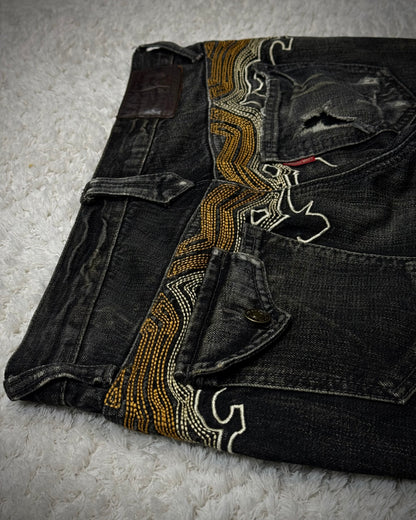 Tornado Mart Cyber Tribal Embroidery Flared Jeans