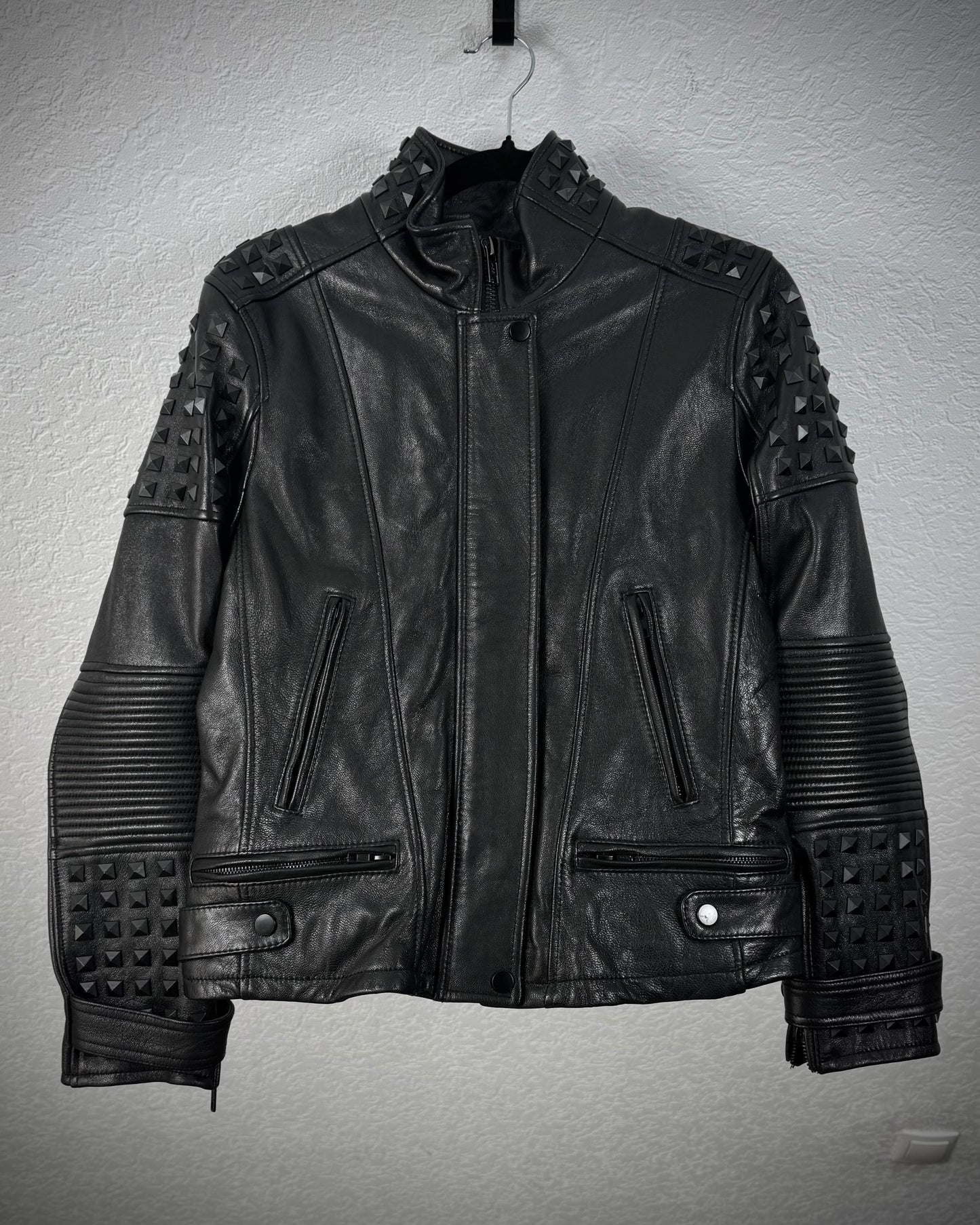 True Religion Studded Sheepskin Leather Biker Jacket